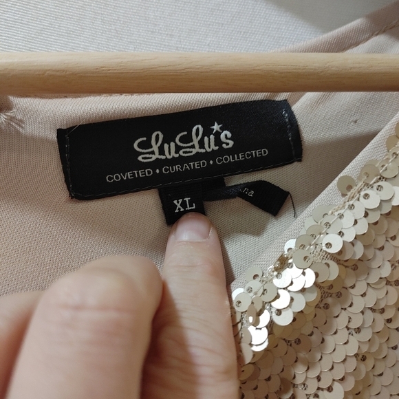 Lulu's Swimming in Shimmer Matte Light Rose Gold Sequin Dress XL Mini Sleeves - Picture 7 of 9